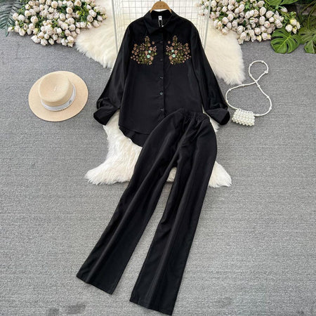 Black - Maria Embroidered Set of Top and Pants