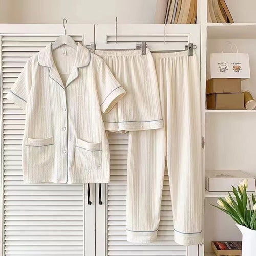 Paula 3 Pc Set Cotton Nightsuits In Beige