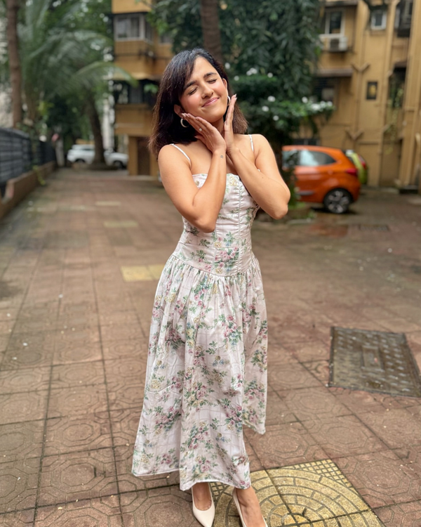 Orchid Luxe Floral Midi Dress In Off Beige