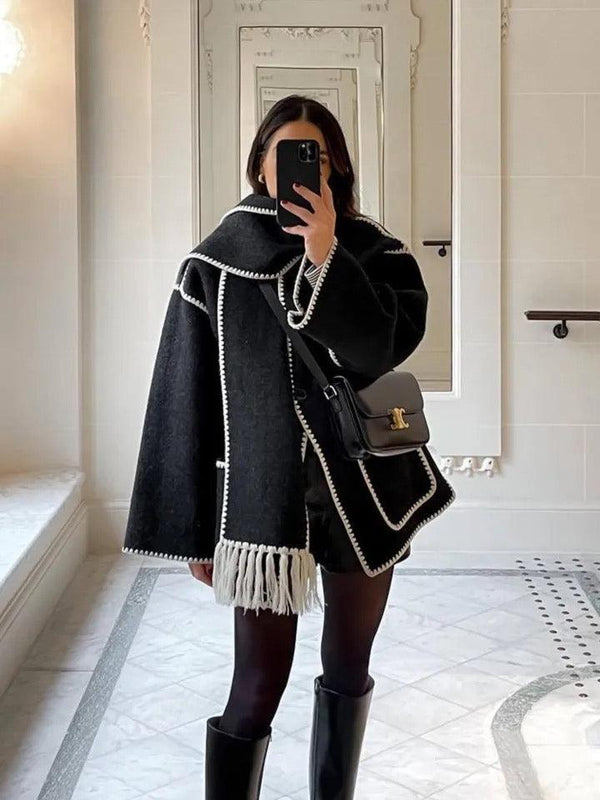 Cora Oversized Woolen Jacket with Scarf - Alamode By Akanksha
