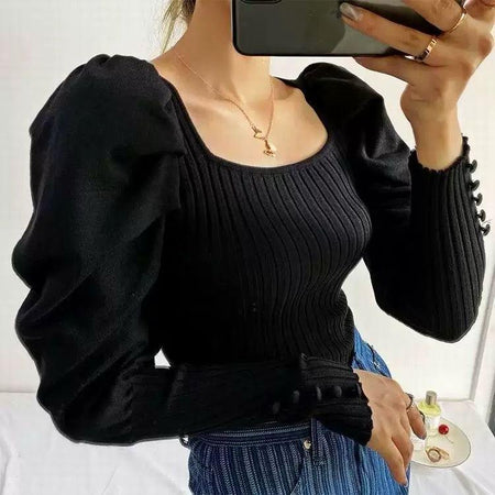 Black - Harriet Ribbed Puffed Sleeve Bodysuit