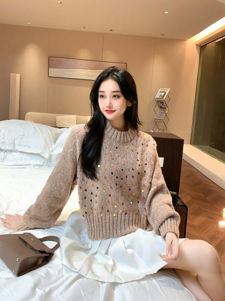 Adele Statement Woolen Sweater with Sequin Detail In Brown