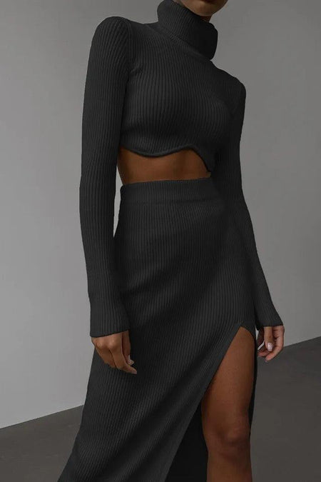 Black - Aster Ribbed Set of Top and Skirt
