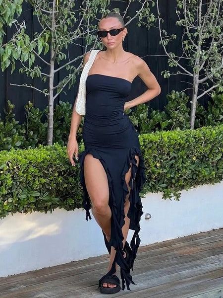 Black - Mansey Ruffled Maxi Bodycon Dress
