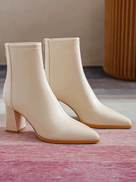 Beige - Noelia Short Leather Pointed Ankle Boots