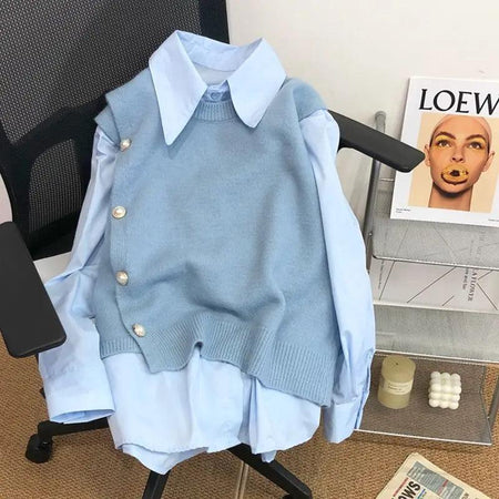 Blue - Malta Two Piece Shirt & Knit Vest Set