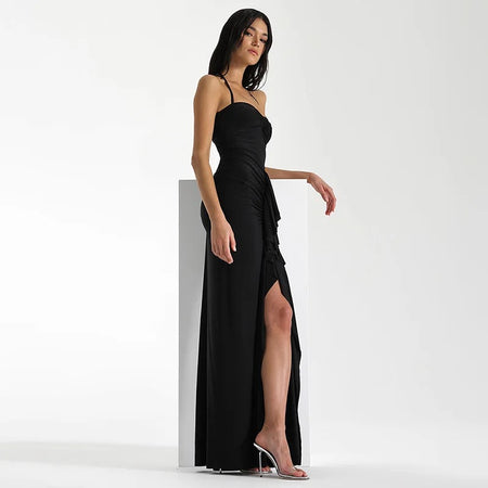 Keya Bodycon Midi Dress with Ruffle In Black