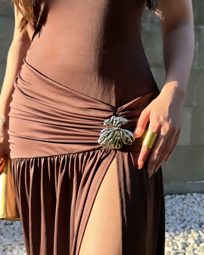 Serafina Luxe Slit Cut Maxi Dress In Brown