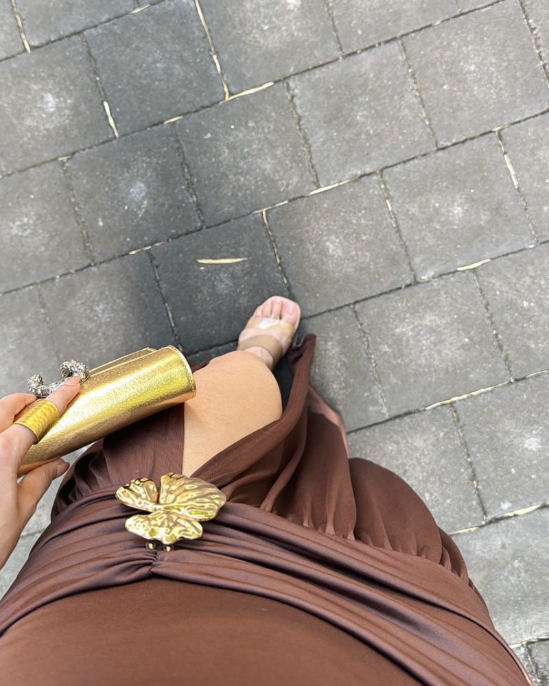 Serafina Luxe Slit Cut Maxi Dress In Brown