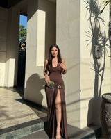 Serafina Luxe Slit Cut Maxi Dress In Brown