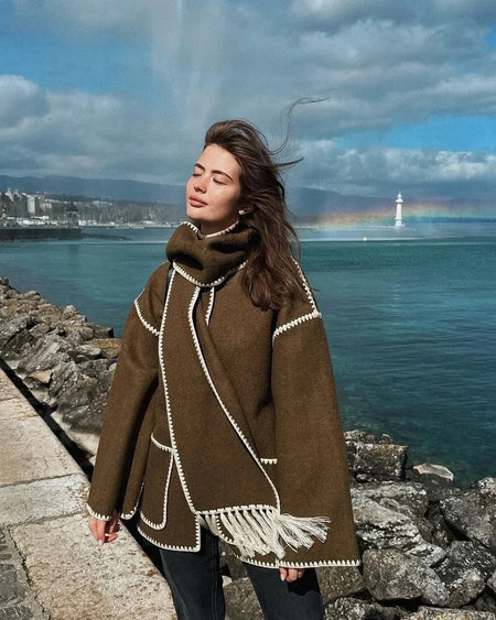 Olive - Cora Oversized Woolen Jacket with Scarf