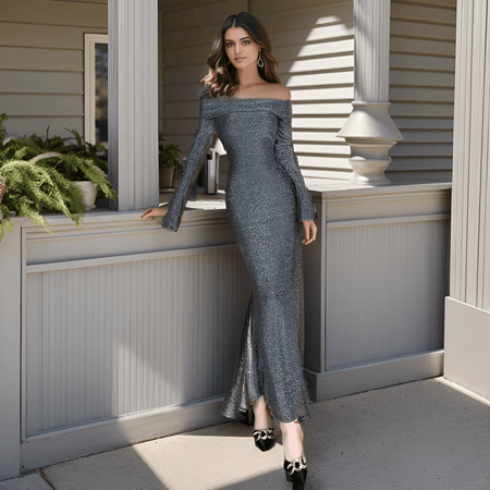 Grey - Chicca Off Shoulder Bodycon Evening Dress