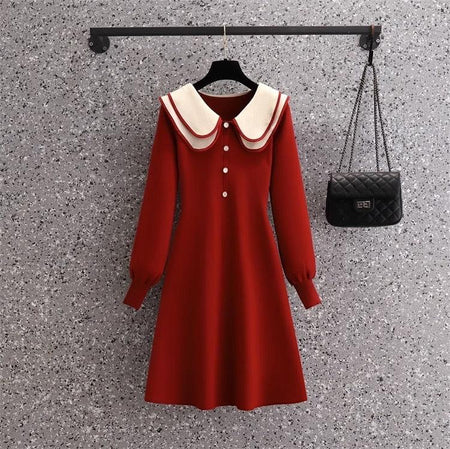 Red - Jasper Doll Collar Knitted Dress