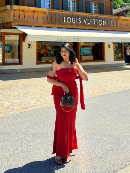 Alamea Offshoulder Statement Dress with Scarf in Red