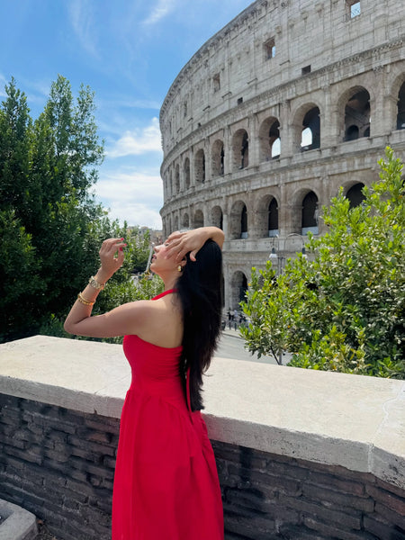 Maira Drop Waist Midi Dress in Red