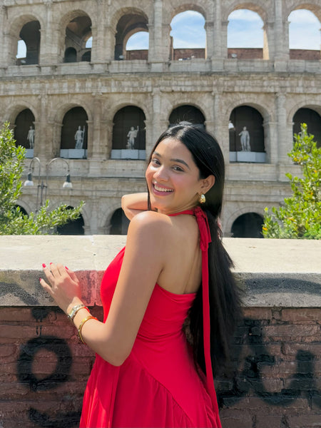 Maira Drop Waist Midi Dress in Red