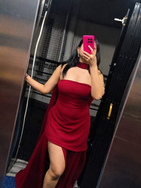 Annora Off-Shoulder Maxi Dress With Scarf In Maroon