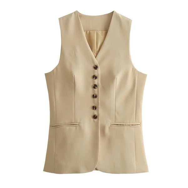 Cynthia Statement Vest Suit with Skirt In Beige