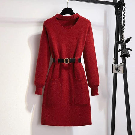 Red - Hyacinth Knitted Dress With Belt
