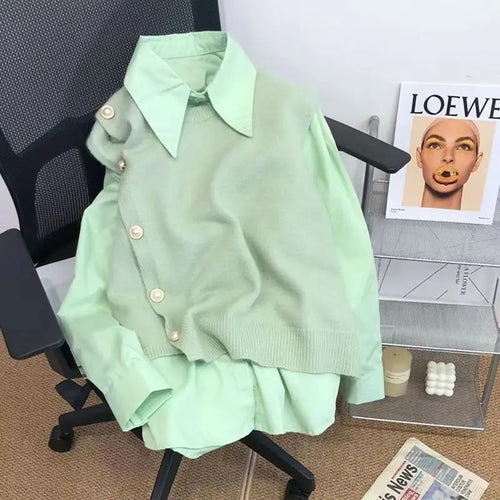 Malta Two Piece Shirt & Knit Vest Set In Green