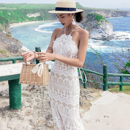 Halterneck Lace Maxi Dress in White - Alamode By Akanksha