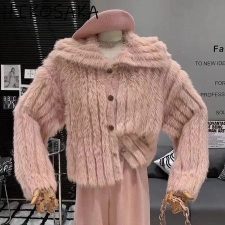 Peach - Kaya Cute Woolen Fur Sweater with Buttons