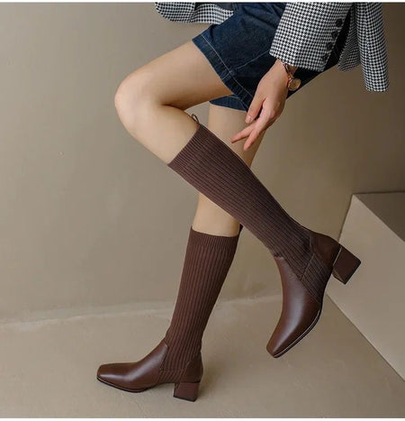 Brown - Lia Knee High Trendy Sock Leather Boots