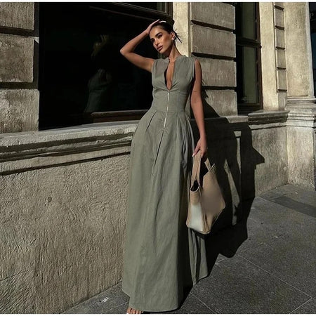 Jamie Holiday Statement Zipper Up Maxi Dress In Beige