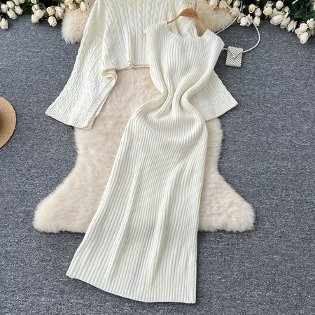 Elana Woolen Dress with Cape Sweater In Offwhite