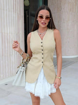 Cynthia Statement Vest Suit with Skirt In Beige