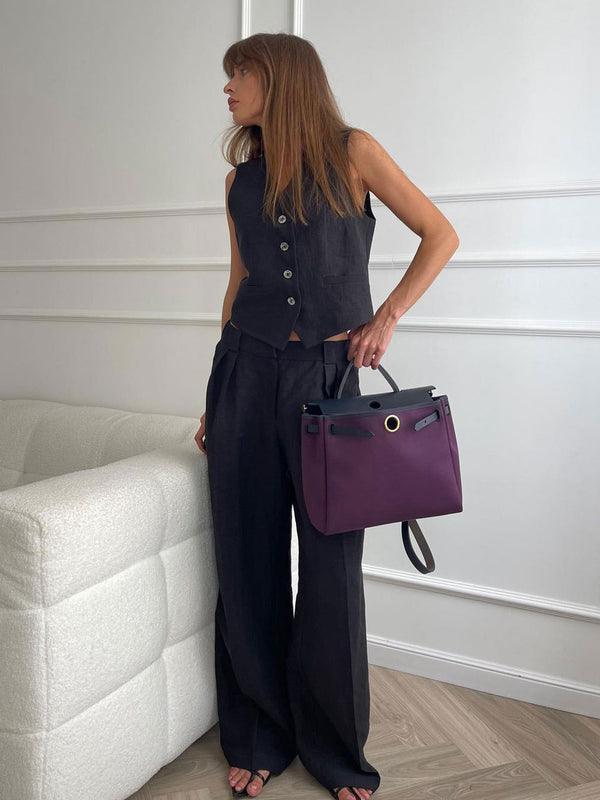 Hodor Statement Linen Vest Suit with Pants In Black