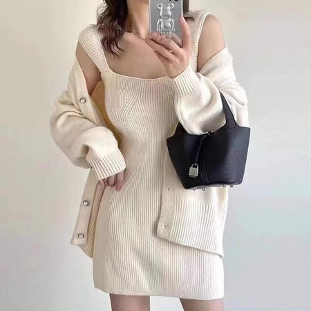 Beige - Reming Set of Dress and Cardigan
