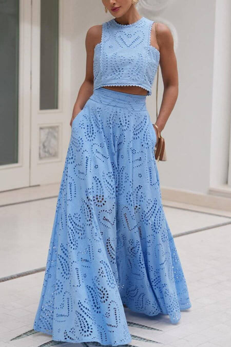 Celine Eyelet Summer Coord Set In Blue