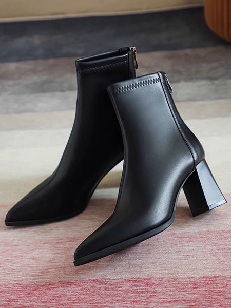 Black - Noelia Short Leather Pointed Ankle Boots