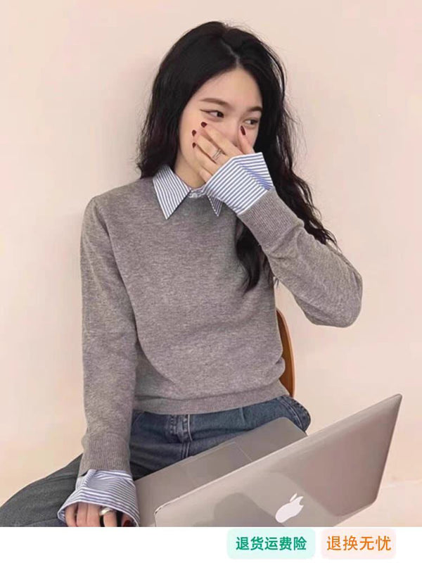 Blair Statement Tops with Attached Sweater In Grey