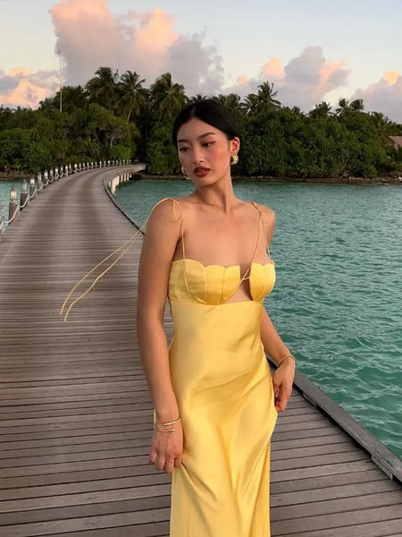 Dary Holiday Statement Satin Maxi Dress In Yellow