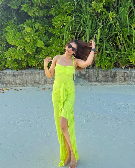 Keya Bodycon Midi Dress with Ruffle In Neon