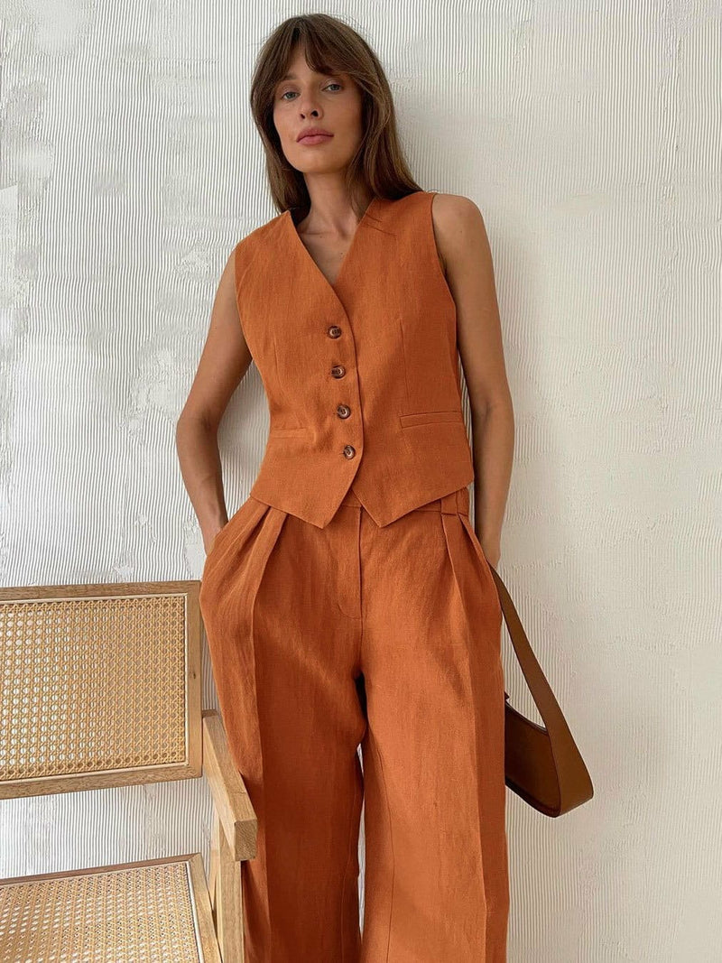 Hodor Statement Linen Vest Suit with Pants In Orange