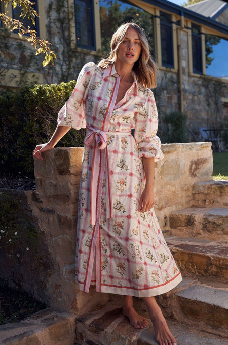 Aaliyah Floral Maxi Dress With Belt - full-length front shot, cream with pink grid and floral print - Miss Mosa By Akanksha