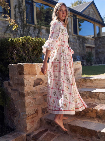 Aaliyah Floral Maxi Dress With Belt - side shot, cream with pink grid and floral print - Miss Mosa By Akanksha