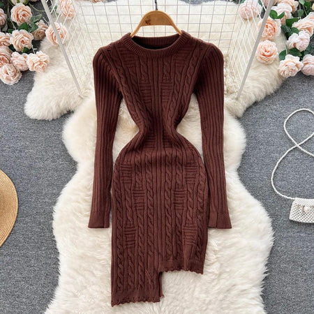Aaron Knitted Bodycon Dress - front shot on hanger, brown - Miss Mosa By Akanksha
