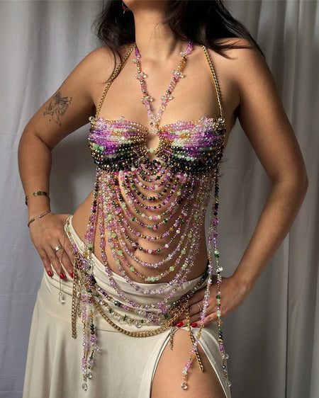 Aava Beads Bralette Top - front shot, purple, pink, green and gold beaded - Miss Mosa By Akanksha