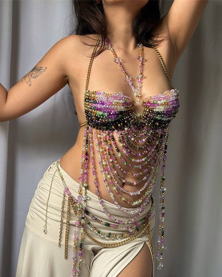 Aava Beads Bralette Top - three-quarter shot, purple, pink, green and gold beaded - Miss Mosa By Akanksha