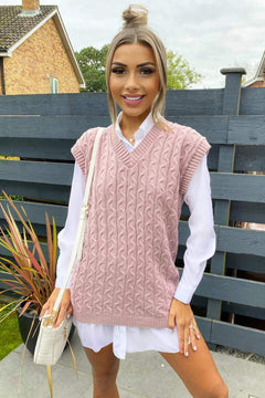 Aayla Two Piece Shirt & Knit Vest Sweater - front shot on model, pink - Miss Mosa By Akanksha
