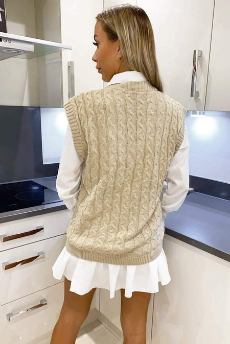 Aayla Two Piece Shirt & Knit Vest Sweater - back shot on model, beige - Miss Mosa By Akanksha