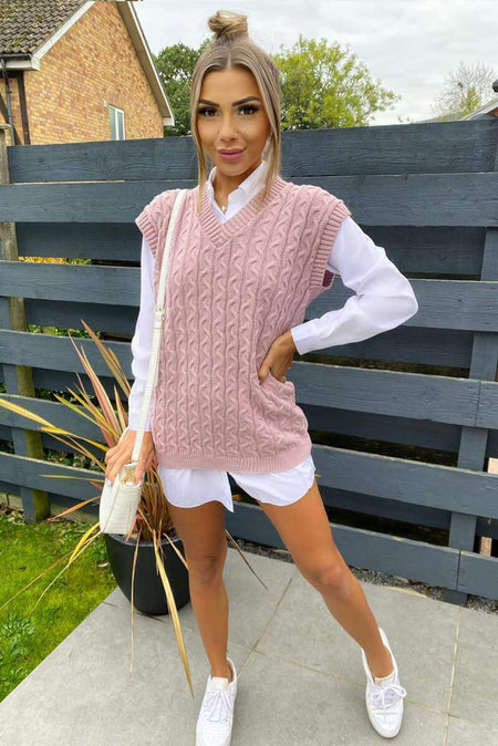Aayla Two Piece Shirt & Knit Vest Sweater - full-length shot on model, pink - Miss Mosa By Akanksha