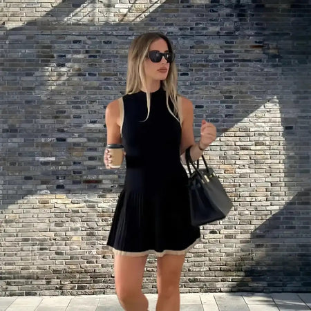 Abby Luxe Short Knit Dress - front shot on model, black and cream - Miss Mosa By Akanksha