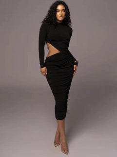 Abecca Bodycon Midi Dress - front shot on model, black - Miss Mosa By Akanksha