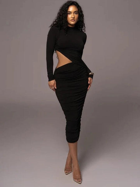 Abecca Bodycon Midi Dress - front shot on model, black - Miss Mosa By Akanksha