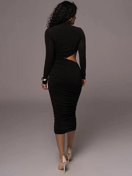 Abecca Bodycon Midi Dress - back shot on model, black - Miss Mosa By Akanksha